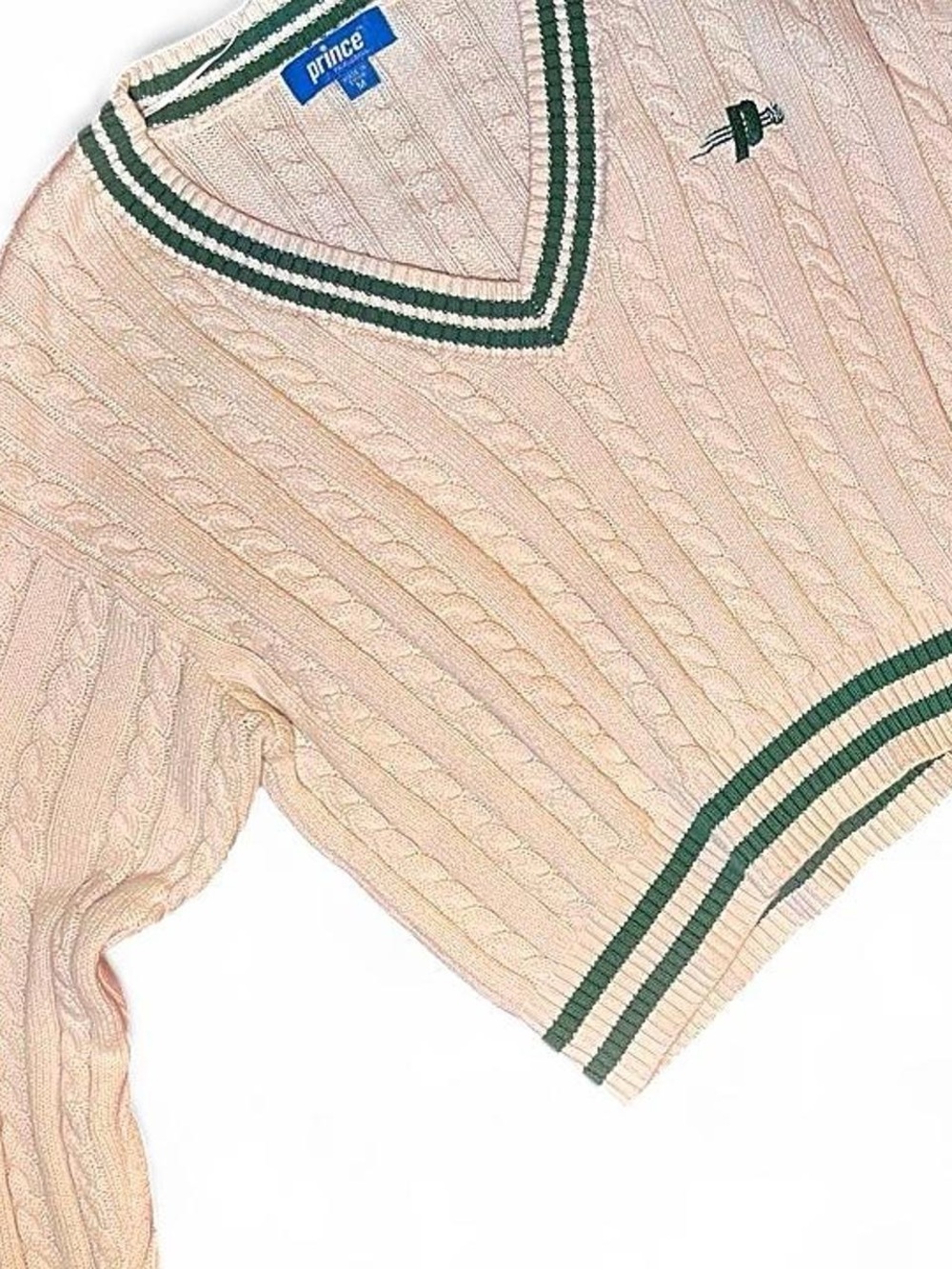Prince Women's Cream Cable V-Neck Sweater with Green Trim